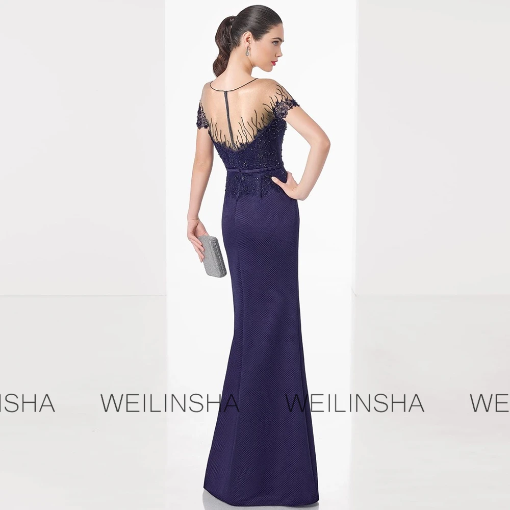 Exquisite Wedding Guest Dresses Crepe Fabric Sheath/Column Evening Dress Navy Blue O-Neck Bow Lace Groom's Mother Dresses Long