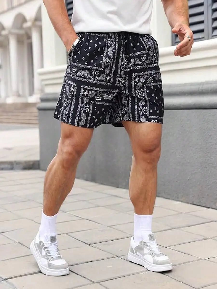 

Mens Paisley Print Drawstring Shorts Casual Summer Beach Workout Shorts
