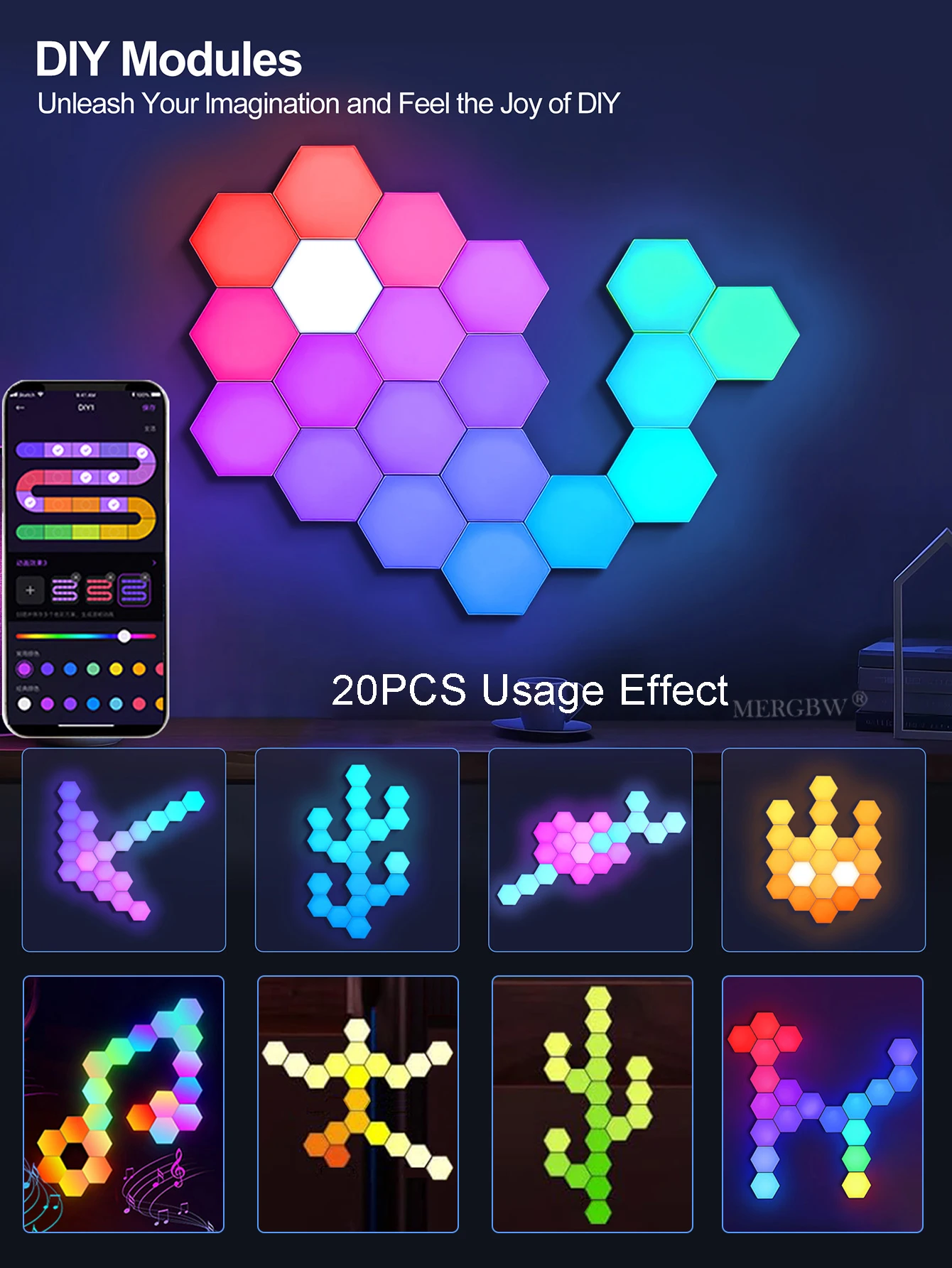 RGB Intelligent Hexagonal Wall Lamp Color Changing Ambient Night Light Hexagona Shape MeRGBW APP DIY Music Sync Game Room Home