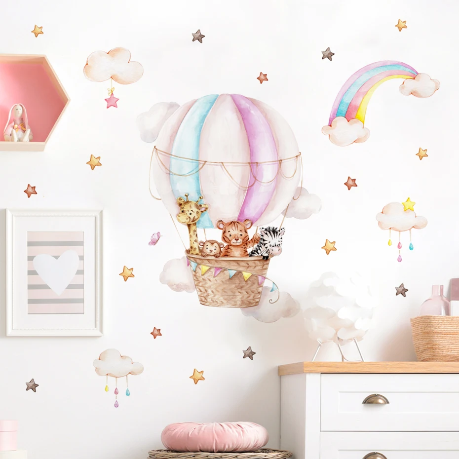 Pink Hot Airballoon Cute Animals Cloud Rainbow Watercolor Wall Stickers for Kids Room Baby Nursery Room Wall Decals Home Decor