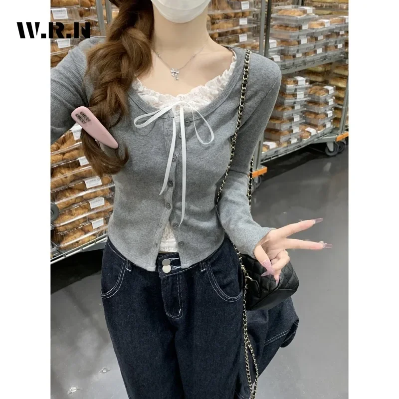 Koreaanse Zoete Casual Patchwork Kant Lange Mouw Ronde Hals T-shirts Dames Boog Fee Shoujo Stijl Single Breasted Tees Tops