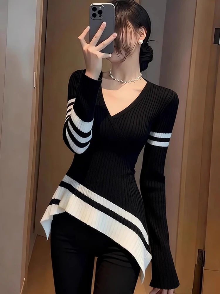 

Black Knitted Long Sleeve Base Shirt Women's Fashion Slim Fit Inner Wear Top Unique Beautiful Spring New Style Korean Style V...