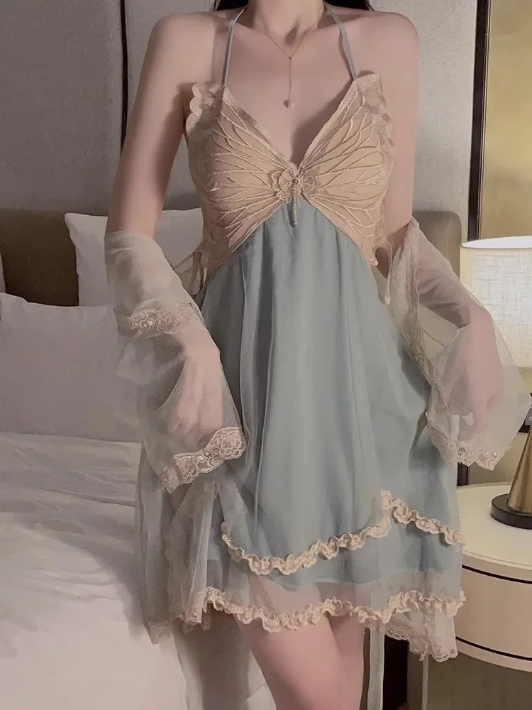 French Romantic and Sexy Plus Size Lingerie Butterfly Suspender Nightgown Lace Up Outer Robe Pajama Home Suit Set Sleepwear
