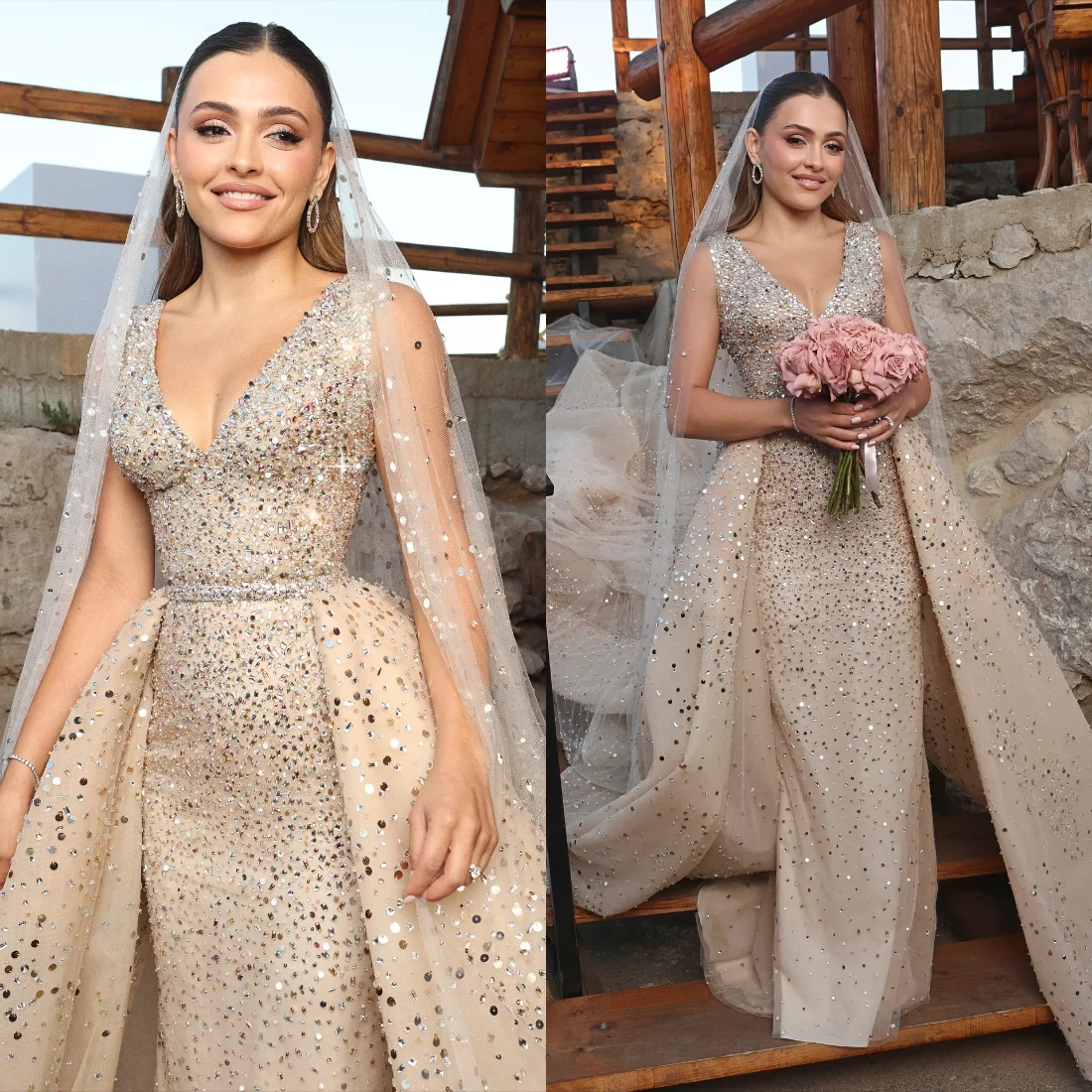 Luxury Champagne Sequin Mermaid Dress with Deep V-Neck and Detachable Sparkly Overskirt Women Gala Evening Customized B262654