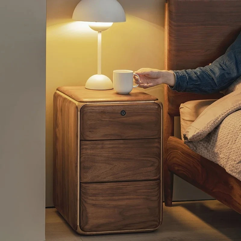 

Super narrow smart bedside table North American black walnut small solid wood mini fingerprint lock narrow small apartment