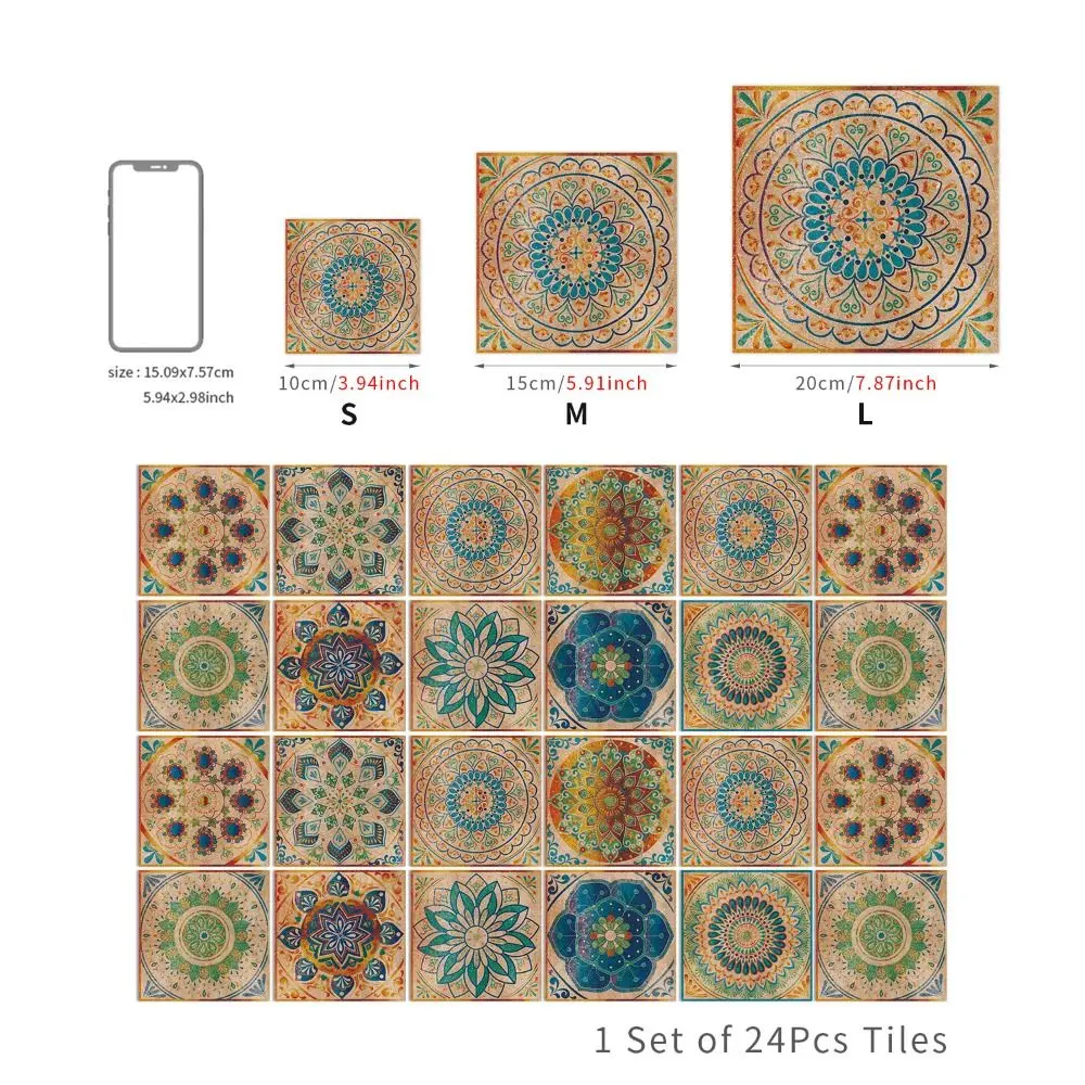 24Pcs/Set Mandala Style Ceramics Wall Sticker Waterproof 10/15/20cm Peel & Stick Art Wall Decals Moisture-proof Non-slip