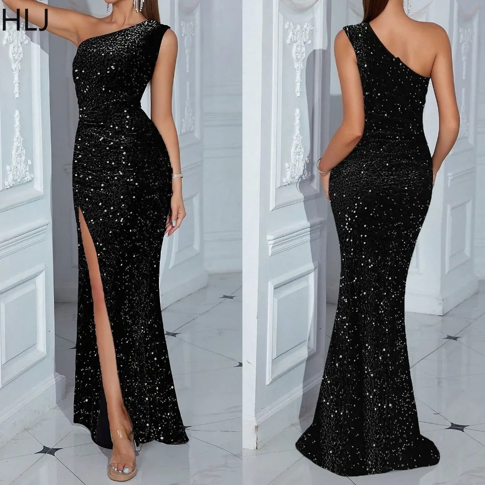 

HLJ Black Fashion Sequin Bodycon High Slit Evening Party Dress Women One Shoulder Sleeveless Slim Vestidos Female Clubwear 2024