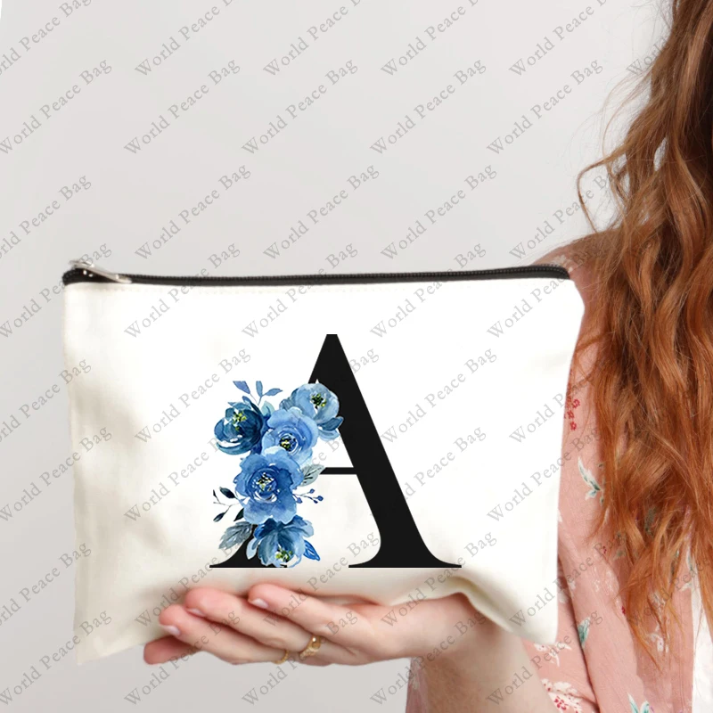 1 Pc Floral Aesthetics Monogram Alphabet Pattern Cosmetic Bag A-Z Letter Makeup Bags Women Travel Bridesmaid Gift Ladies Portabl