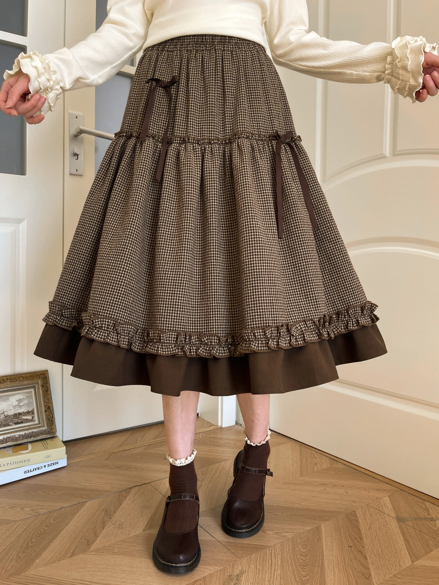 Retro Plaid High Waist Half Skirt Women's New 2026  Knot Versatile Color Block Cake Skirt Autumn Season Cotton Gored...