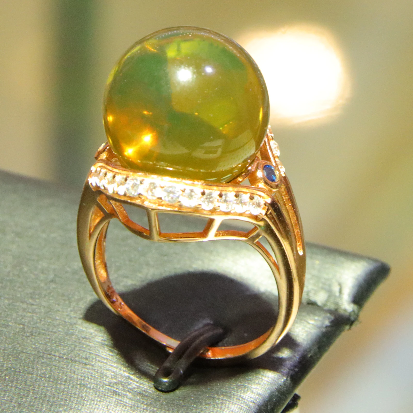 خاتم كهرمان أزرق 15.5 ملم من الفضة الإسترليني مطلي بالذهب الوردي مقاس قابل للتعديل للنساء هدية لمجوهرات حب عيد الحب