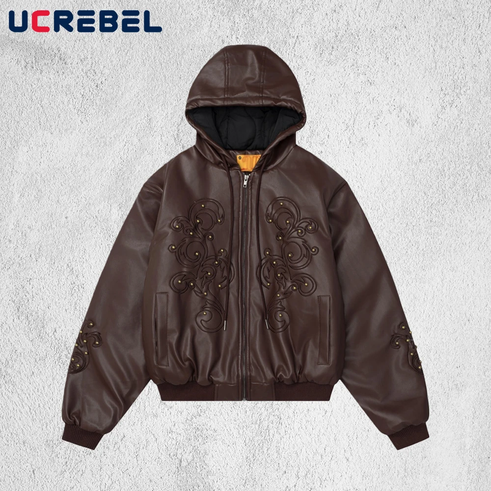 

Retro Embroidery PU Leather Quilted Jacket Mens with Rivets Autumn Winter Pocket Long Sleeve Hooded Thick Outerwear Man