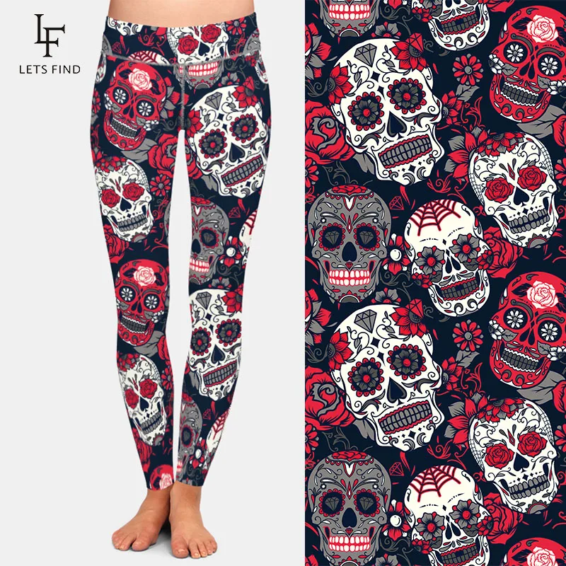 Legging noir imprimé tête de mort et fleur pour femme, pantalon décontracté, taille haute, offre spéciale