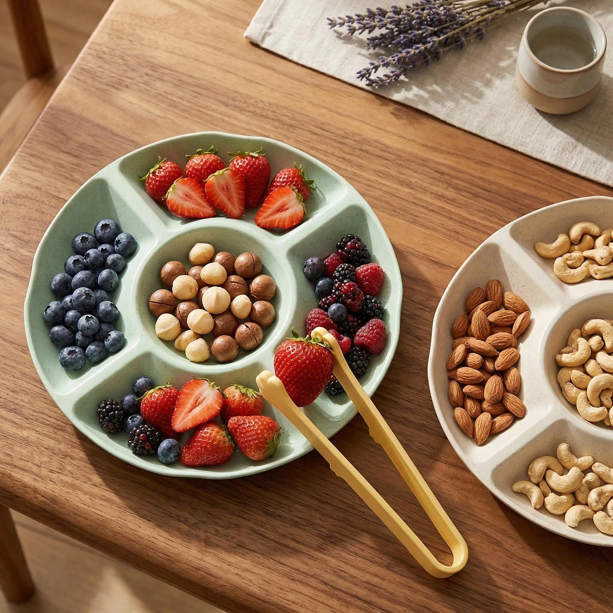 3Pcs Set 5 Compartment Divided Dinner Plates with Cute Cat Paw Tongs Serving Tray Snack Platter Fruit Nut Bowl Family Tableware