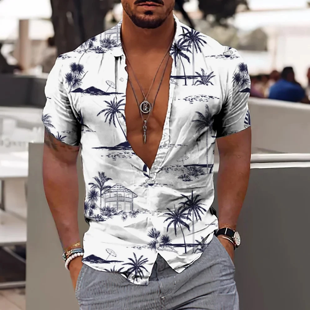 

Summer Men's Shirt Tops Casual Coconut Tree Print 3D Hawaiian Lapel Shirts Short Sleeve Fashion Oversized Vacation Blouse Camisa