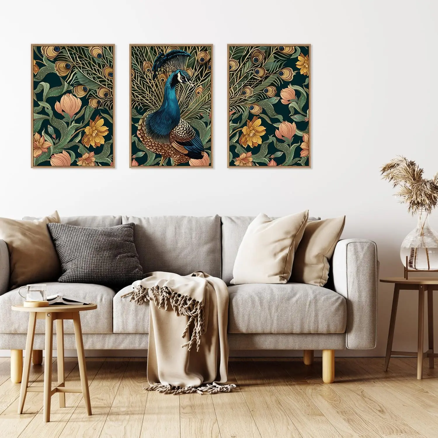 3pcs Modern Elegant Peacock Flower Retro Beautiful Animal Feather Canvas Poster Wall Art Living Room