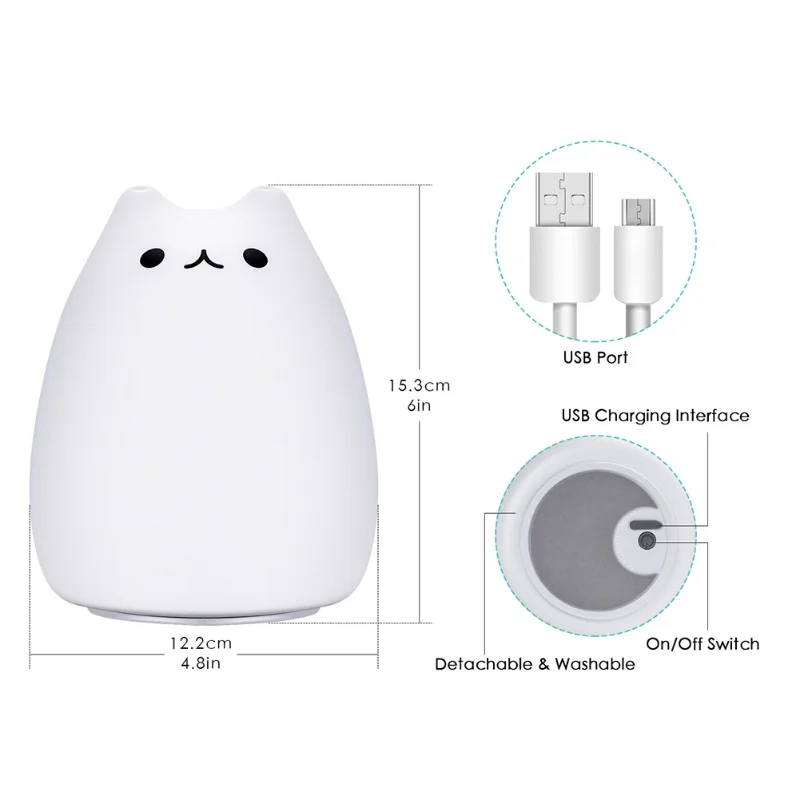 子供用ナイトライト、EECO キュートな猫型ランプ ソフトシリコン製 タッチコントロール式 減圧おもちゃ