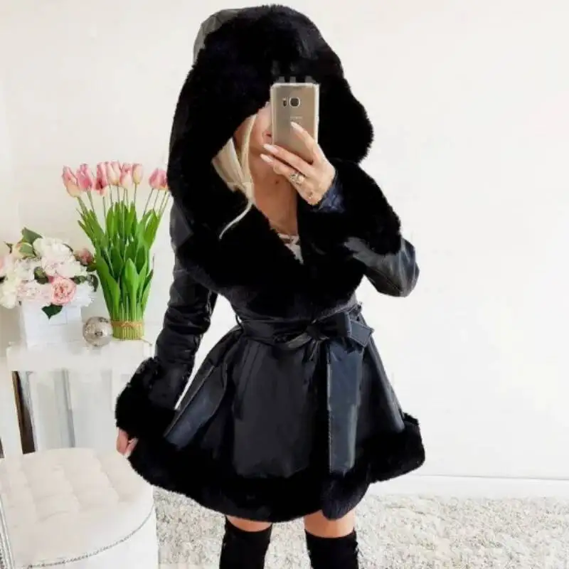 

British Imitation Fur Patchwork Women's Coat 2025 Winter Warmth Hooded Jacket Waist Cinching Trendy Coats