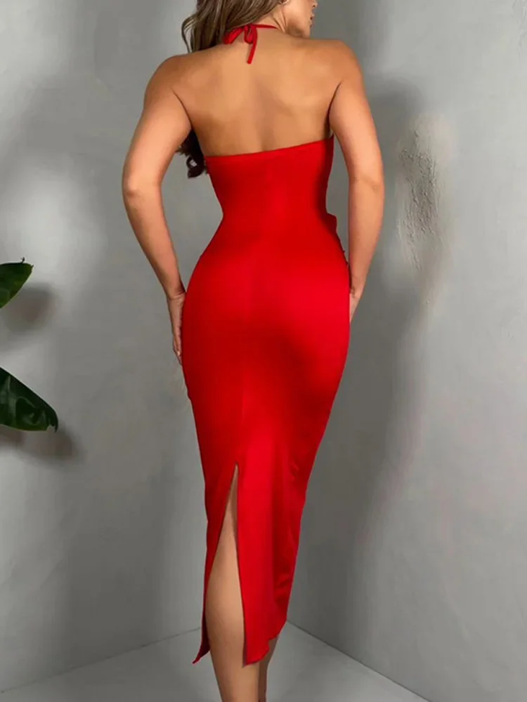 BWQ 3D 플로럴 섹시 홀터 컷아웃 미디 바디콘 드레스 2025 패션 백리스 여성 튜브 클럽 파티 여름 드레스 레드 Y2K 베스티도스