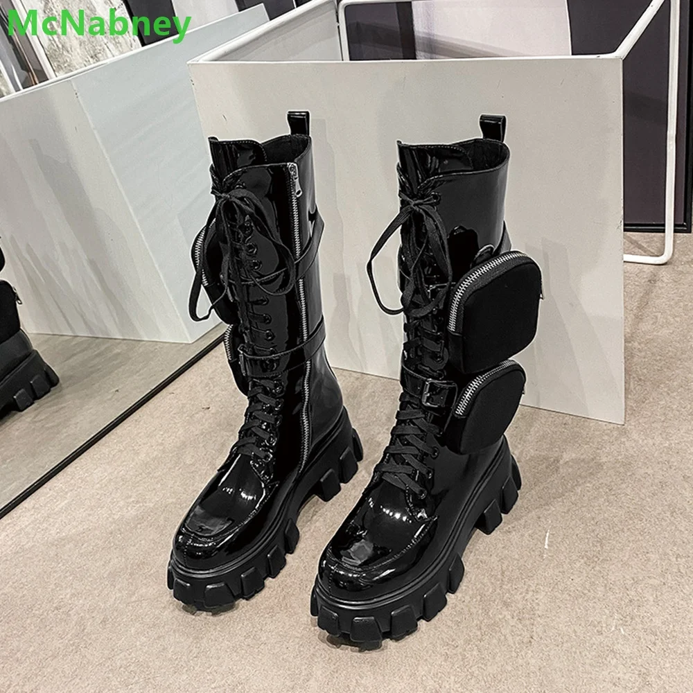 Black Package Design Thick Sole Boots For Female Women Luxury Round Toe Lace-up Mid-calf Handmade Fashion Solid All-match Shoes