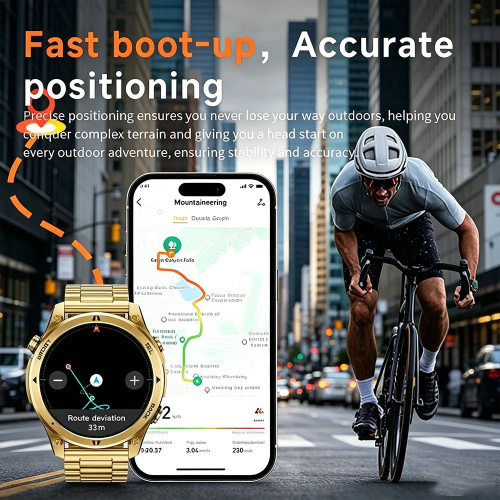 Gold Smartwatch with AMOLED Screen and Flashlight, Gift for Men