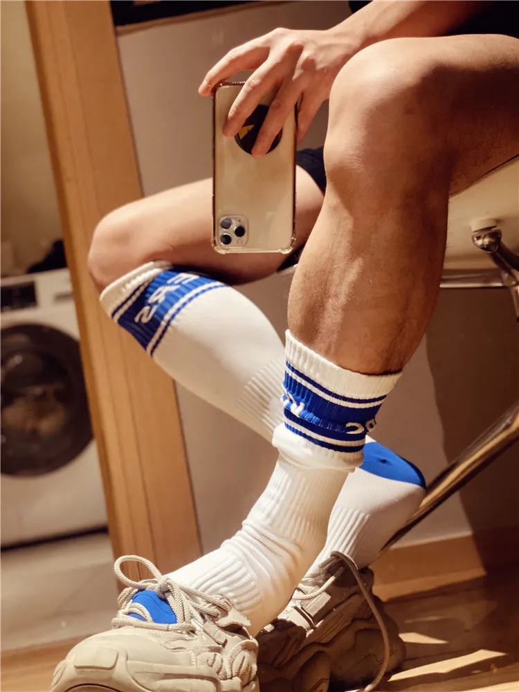 Men\'s Long Socks Nylon Sports  Sleeve Football Socks Mid-calf Stockings Letter TOP Sweat Absorbing Gay Socks