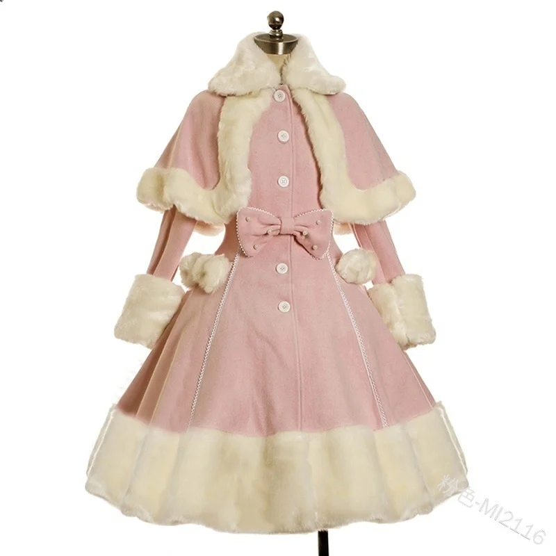 2021 New Women Dress Lolita Dress Girl Skirt Winter burr Lapel Cape  Waist Closing Thickened Princess Dress Vintage Lolita Dress