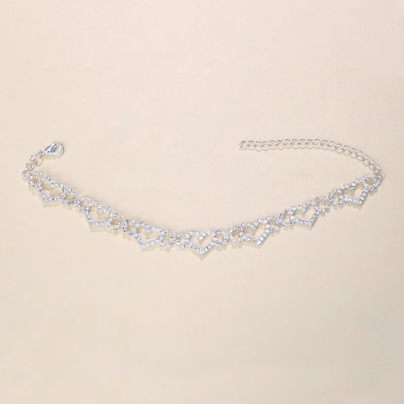 Stonefans Summer Beach Hollow Out Rhinestone Heart Anklet for Women Boho Heart Love Ankle Bracelets Sandals Barefoot Jewelry