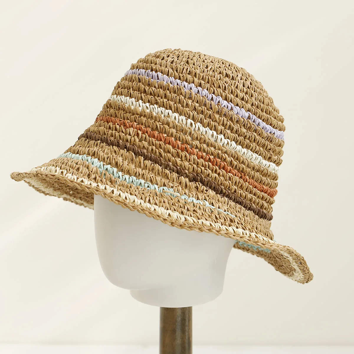 2026 NEW Y2K Handmade High Quality Colorful Stripe Sun Hat Floppy Summer Hats For Women Beach Panama Straw Dome Bucket Hat