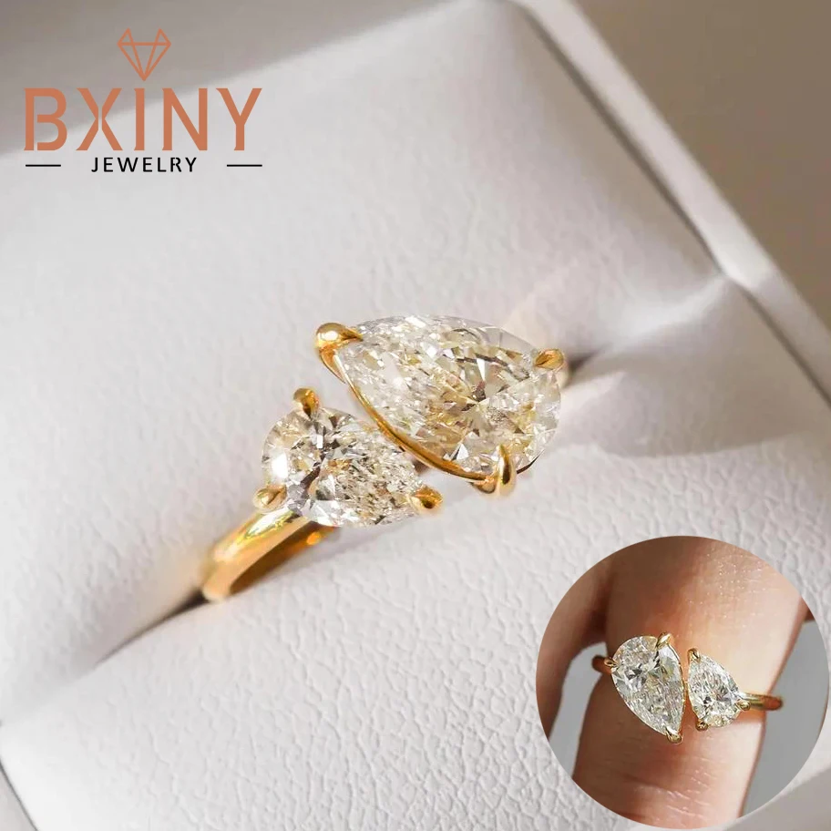 

Кольца BXINY с двойной грушевидной огранкой из муассанита, стерлинговое серебро 925 пробы, позолота 18 карат для женщин, обручальные кольца с 2 камнями и бриллиантами, подарки, ювелирные изделия