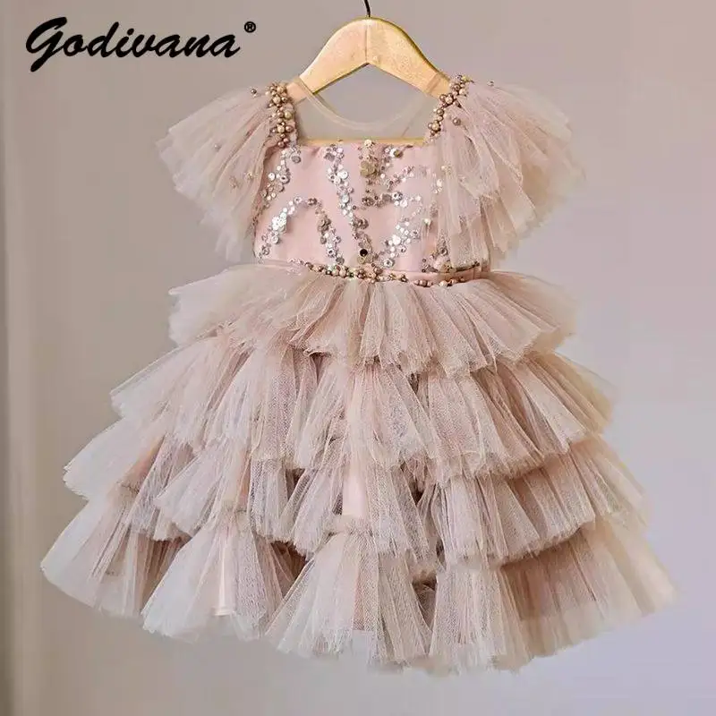 

Baby Girls 2026 New Summer Host Tutu Dress Kids Mesh Patchwork Sequined Bow Tulle Sleeve Piano Performance Princess Cake Dress