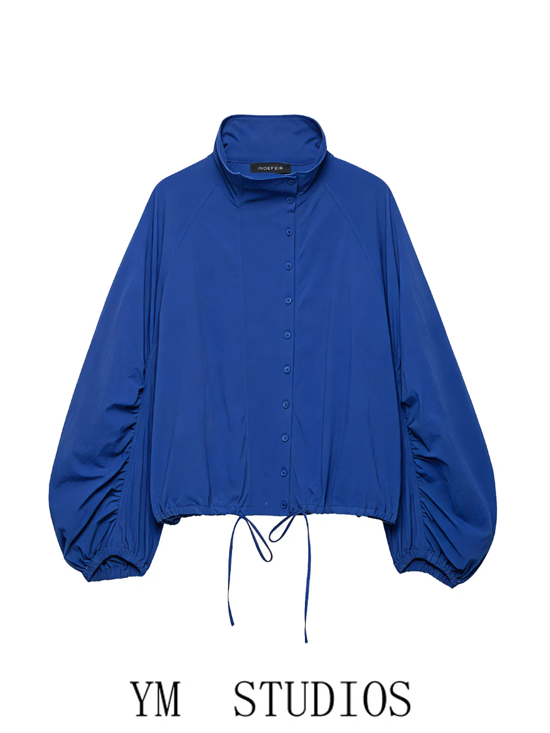 Women's Loose Fit Tech Fabric Jacket with Cord Drawstring Stand Collar Short Coat Button up Lantern Sleeve Autumn Outerwear