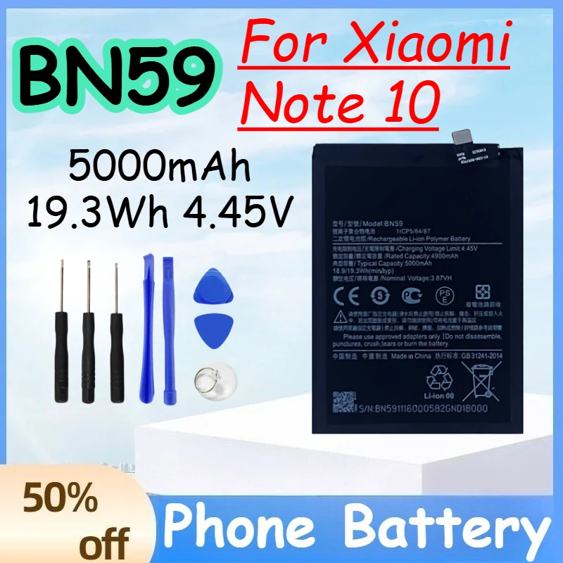 

BN59 5000mAh 19.3Wh 4.45V Battery Suitable for Xiaomi Note 10 High Quality Replace Mobile Phone Battery +Free Tools