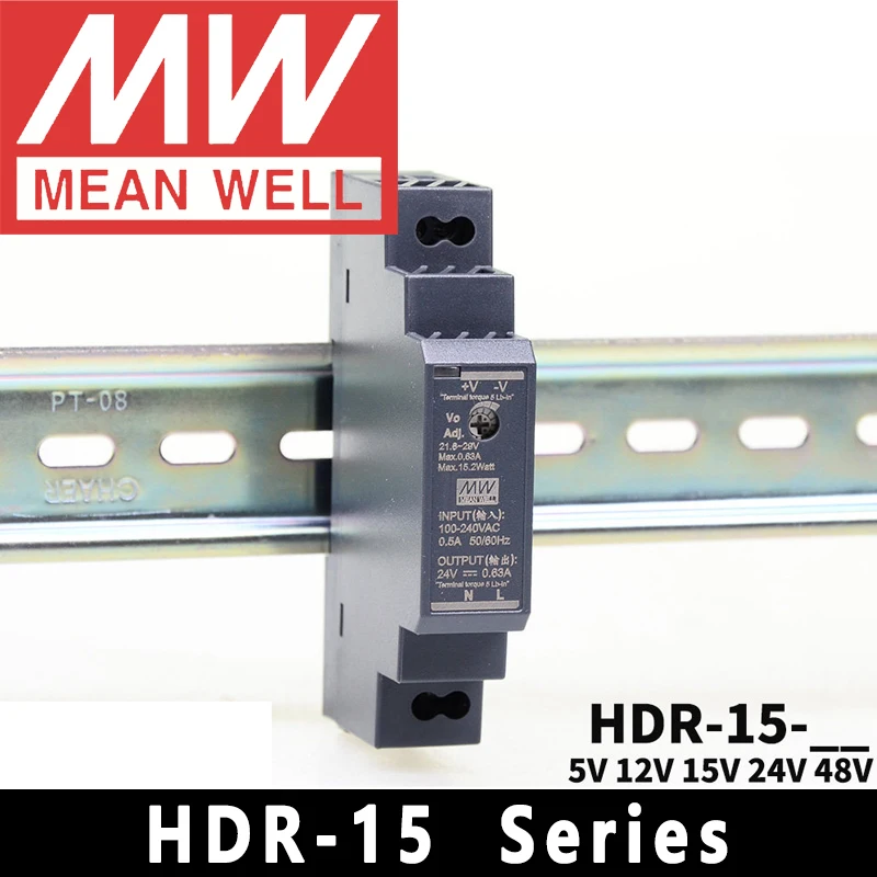 Original Mean Well HDR-15-5/12/15/24/48 meanwell AC/DC15W Ultra Slim Step Shape DIN Rail Power Supply