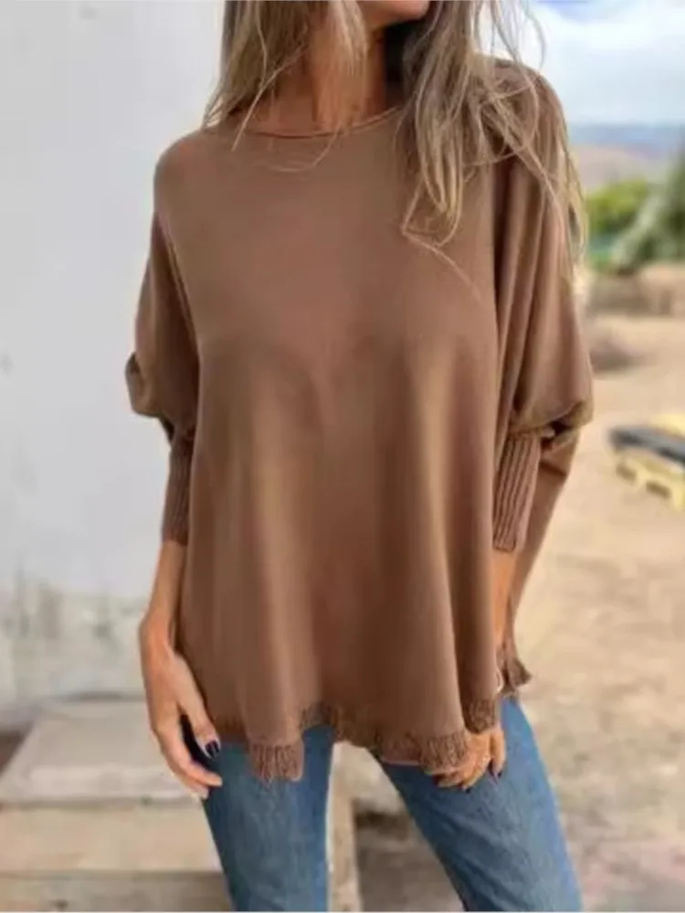 Femmes automne et hiver nouvelle mode couleur unie ample décontracté à manches longues haut col rond pull frais et doux Ropa De Mujer