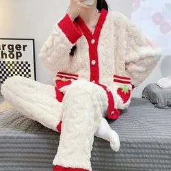 Autumn Winter Women Pyjamas Sets Long Sleeve Rest Sleepwear Female 2 Piece Pajamas Warm Flannel Thick Buttons Cardigan Homewear