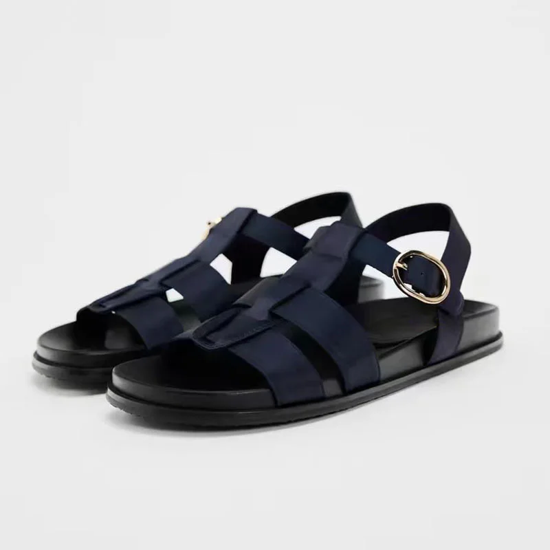 TRAF wide Straps Roman Flatform Sandals Round Head Open Toe Thick Sole cool Shoes Ink blue metal buckle flat sandal for woman