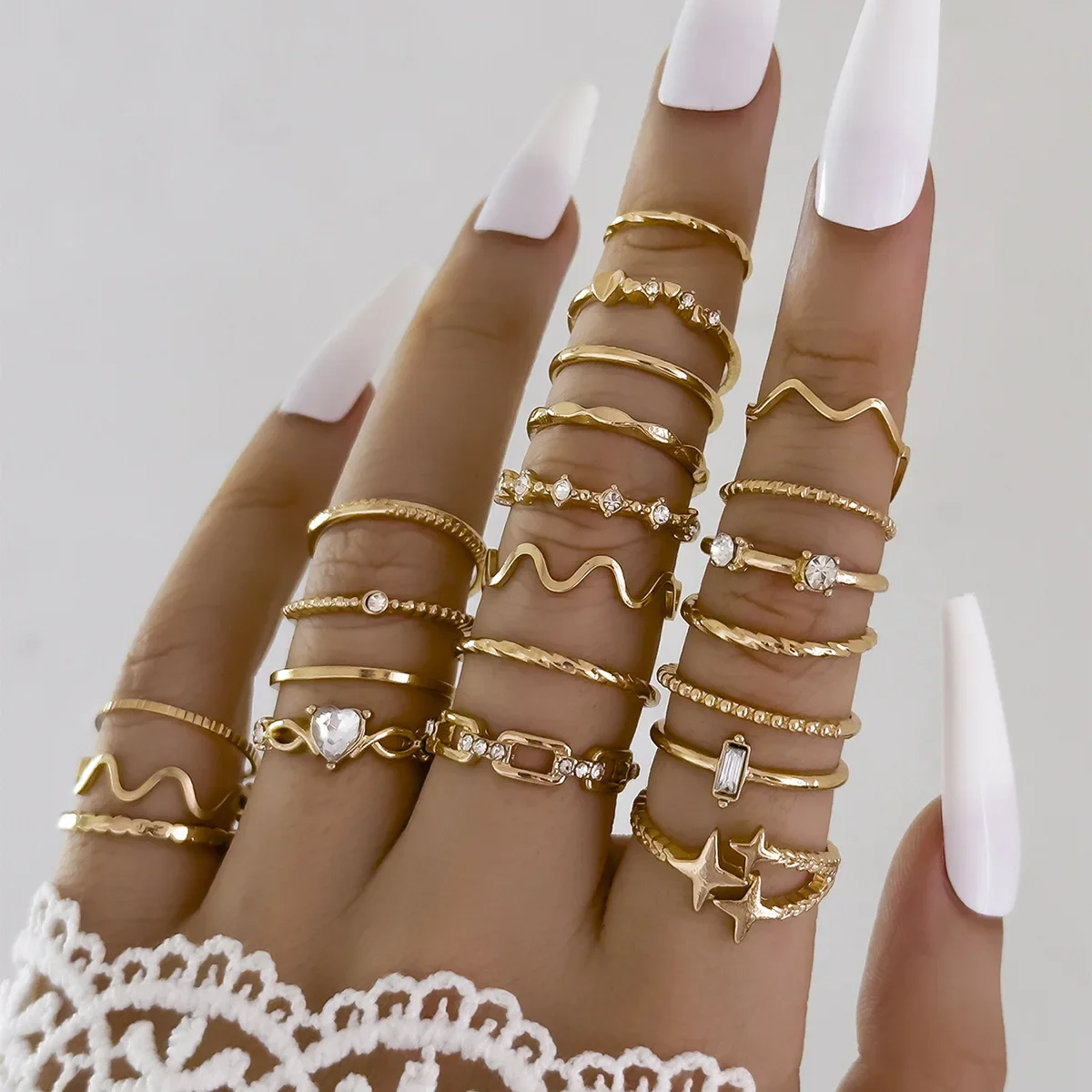 22 Uds. Conjunto de anillos geométricos bohemios para nudillos para mujer, Color dorado y plateado, estrella, corazón, anillo de dedo de cristal, joyería de fiesta a la moda para chica