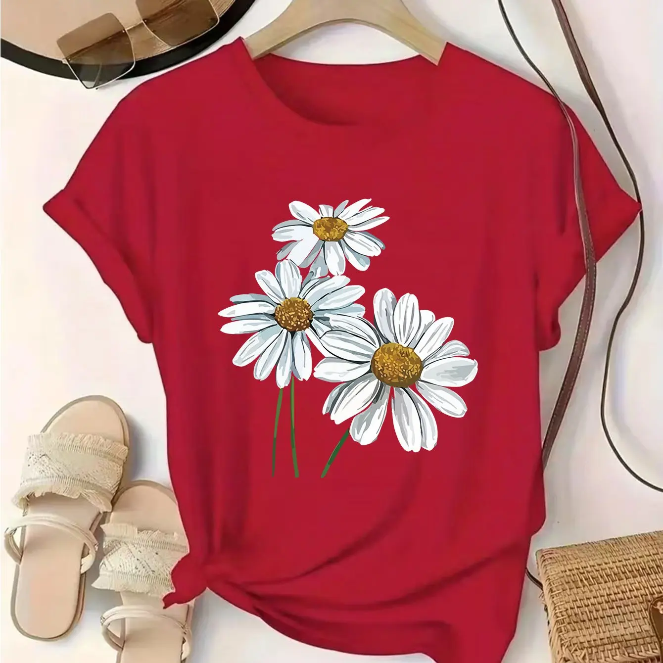 Chrysanthemum 3D Printing Women's T-Shirt Summer Casual Short-Sleeved Daily Street Round Neck Plus Oversized Women's Clothing