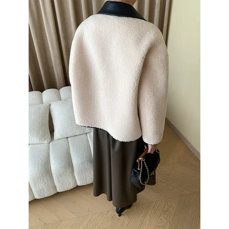 Casual French Contrast Leather Edge Fashion Faux Fur Coat Imitation Lamb Hair Small Fragrance Thickened Loose Basic Jacket Women