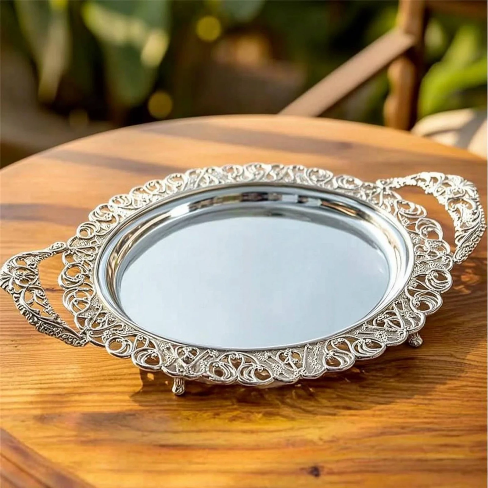 Serving Platter with Feet Elegant Serving Platter with Handles Ornate Metal Tray Vintage-Style Tableware Polished for Hosts