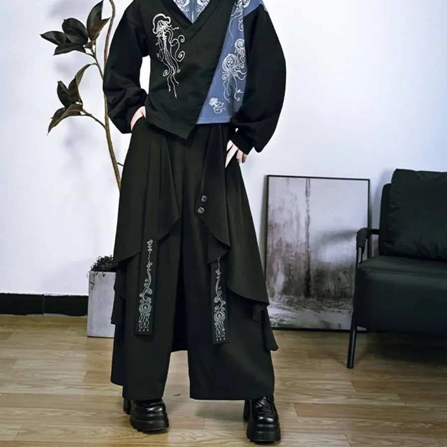 Vintage Layered Chinese Style Two-Piece Illusion Wide-Leg Skort Loose-Fit Trousers Casual Pants For Women Fashion 2025