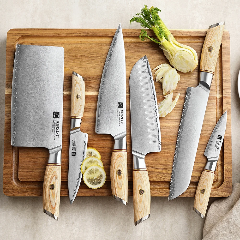 XINZUO 6PCS Set Knife 3-layer Composite Steel Chef Fruit Paring Slicing Vegetables Cleaver Meat Knife Pakkawood Handle
