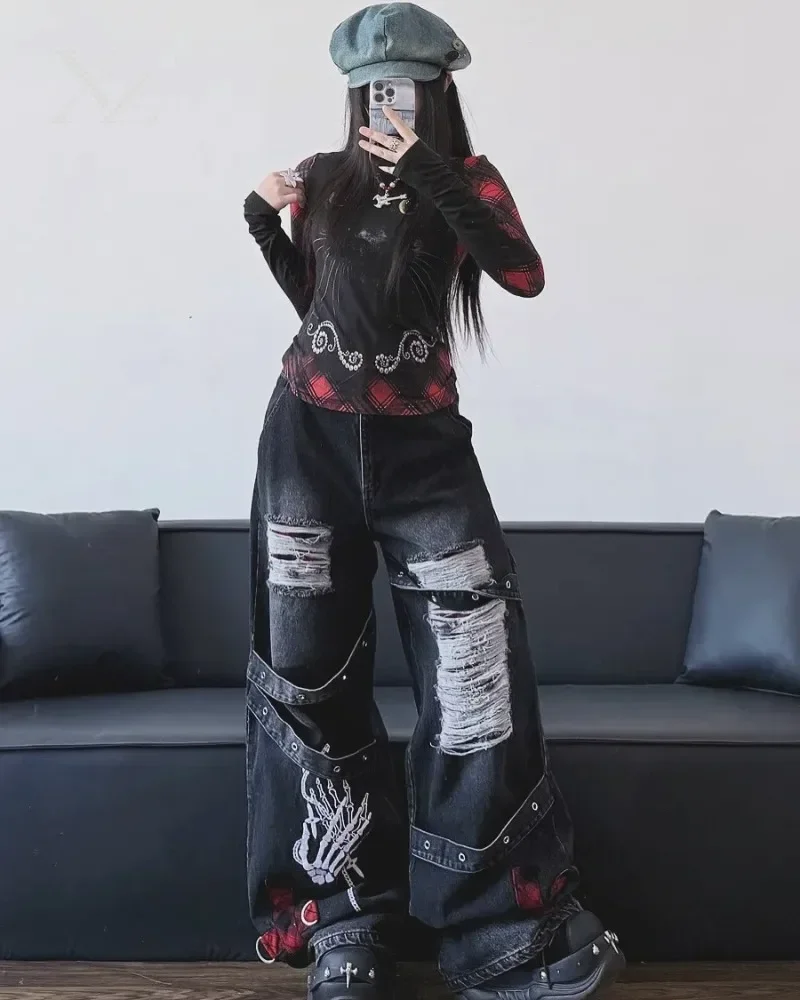 90s Skeleton Handprint Wide Leg Jeans High Street Niche Design Dark Tone Flared Hem Long Pants Streetwear Chic Drop Crotch