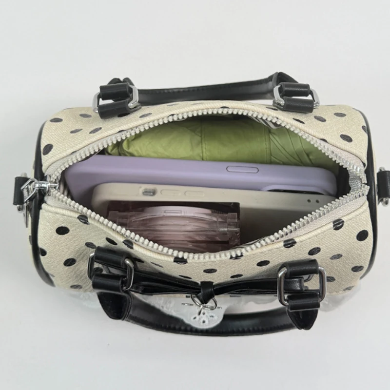 Koreanische Polka Dot Bowknot Patchwork Hobo Umhängetasche, Damenhandtasche, vielseitige, leichte, kleine quadratische Tragetasche für den Arbeitsweg – Detail 7