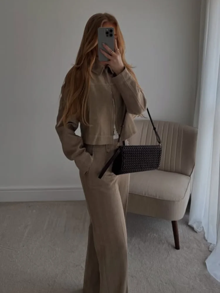 

Casual Solid Long Pants Sets For Women Chic Lapel V Neck Long Sleeves Split Loose Zipper Coat Suits 2025 Spring Daily Streetwear
