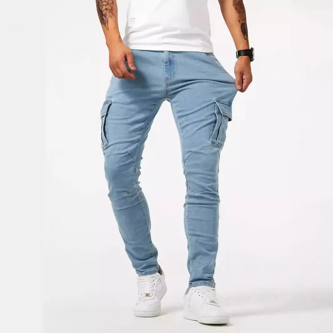 Men's Casual Big Pockets Baggy Jeans Man Y2k Multi Straight Wide Leg Workwear Pants Elastic Waist Work Denim Trousers