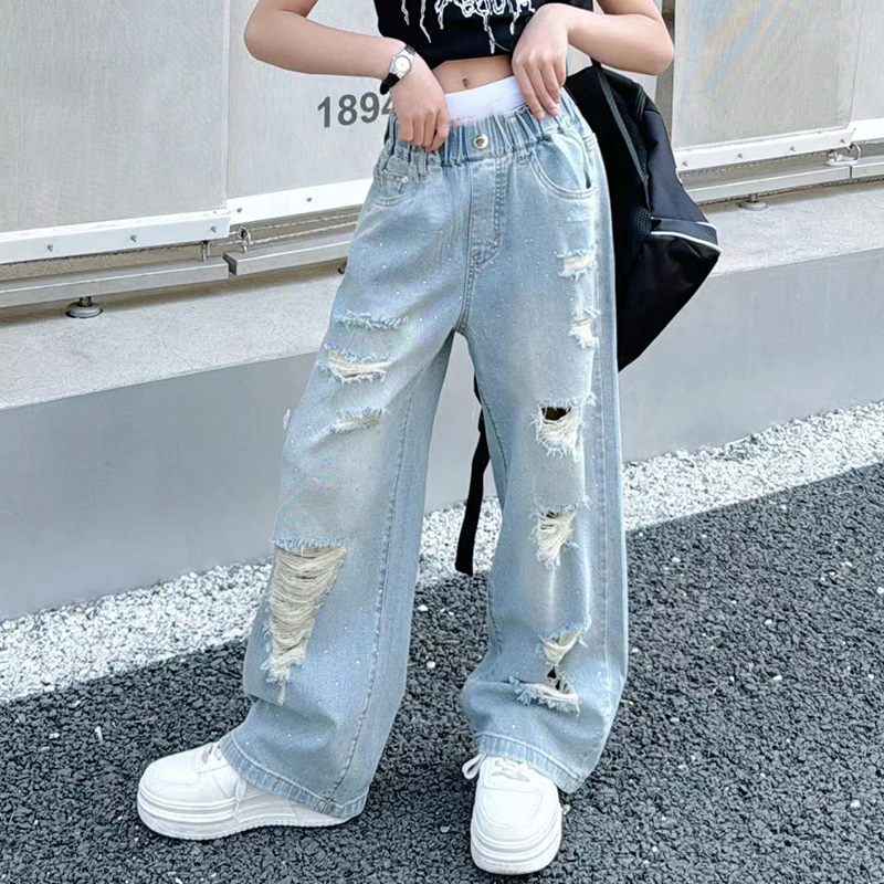 New Summer Girls Hole Jeans Thin Fashion Loose Straight Trousers Teenage Casual Hundred Simple Children\'s Trousers Streetwear