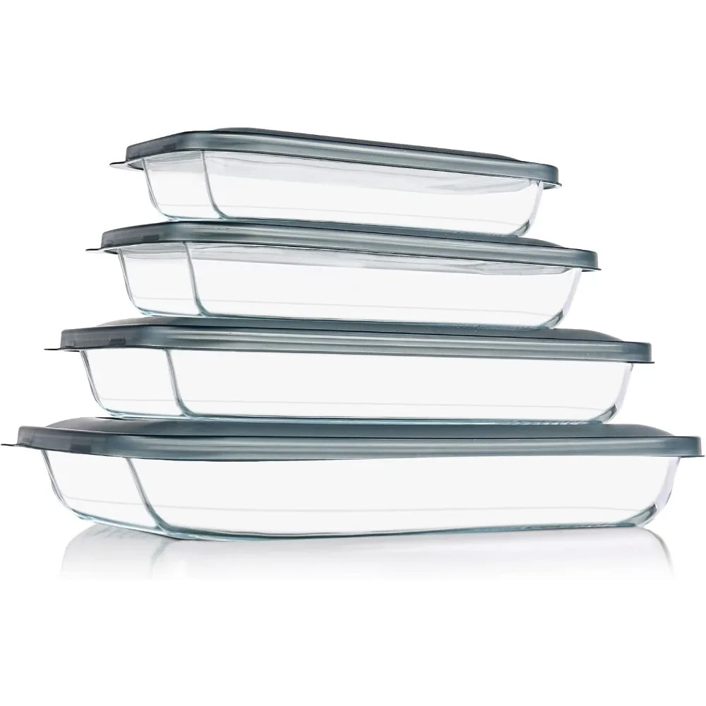

8-Piece Glass Baking Dish Set with Lids, Rectangular Bakeware for Lasagna, Leftovers, Oven to Fridge