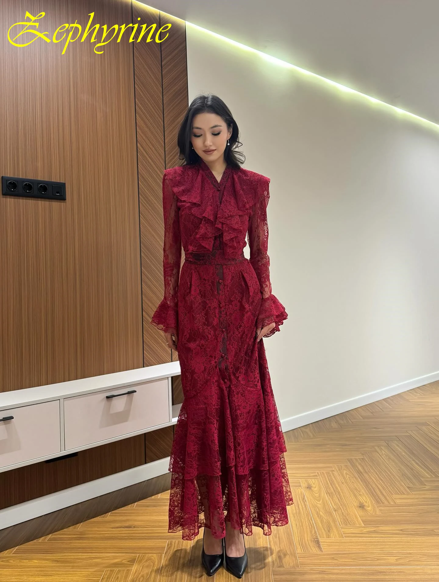 

Customized Mermaid V-Neck Long Sleeves Formal Classic Evening Dress Delicate High Quality Celebrity Gowns Modern Prom Dress