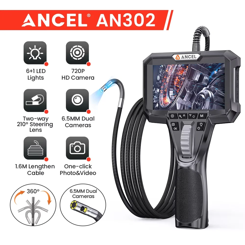 

Эндоскоп 6,5 мм ANCEL AN302, двусторонний шарнирный бороскоп, 4,3-дюймовый IPS-экран, HD-эндоскоп с двойной камерой и 7 светодиодными лампами